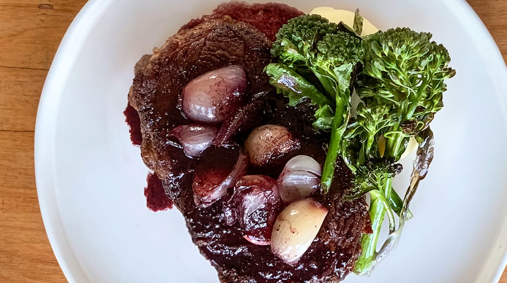Pan-Roasted New York Strip with Cabernet Shallot Confit